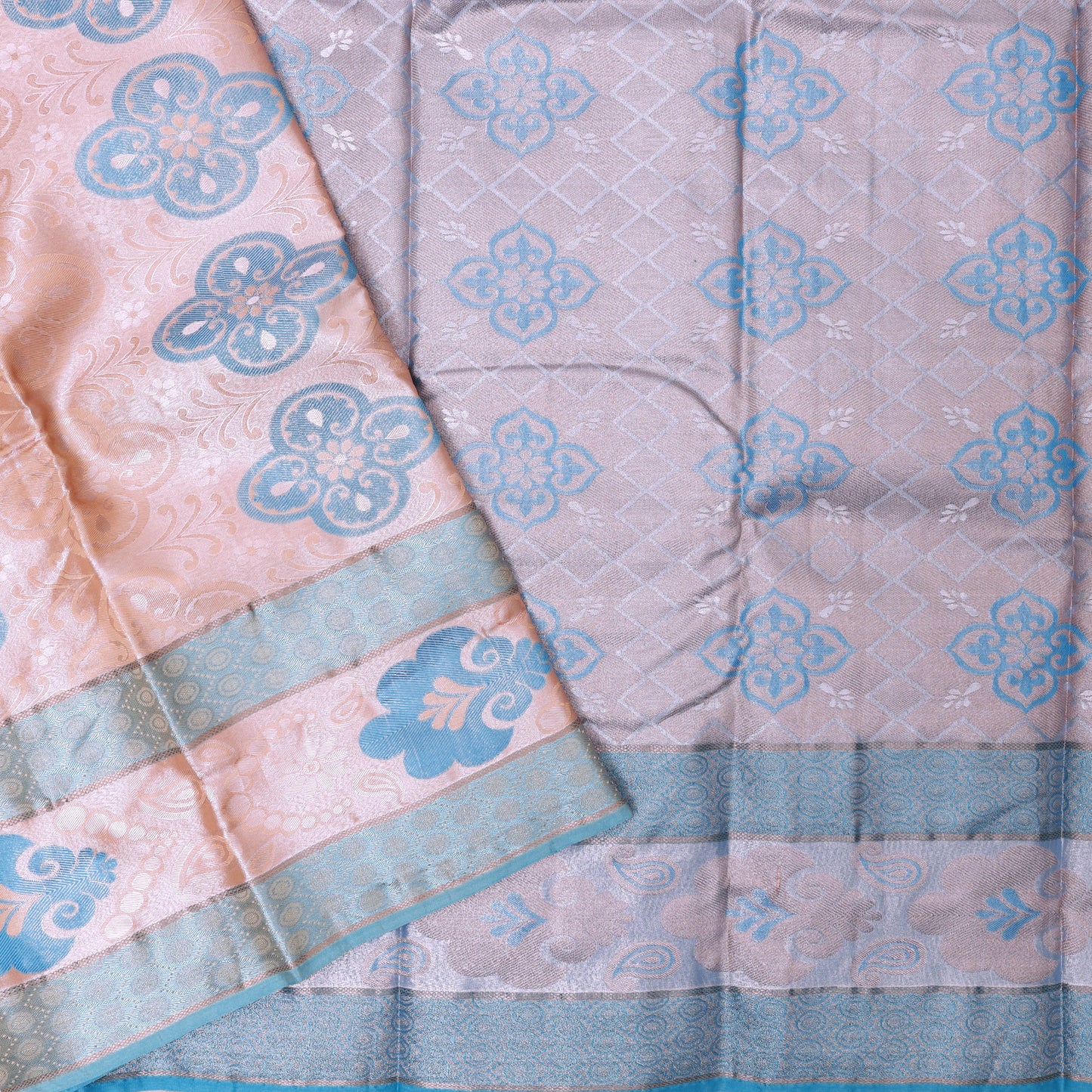 Light Pink with Blue Floral Design Tissue Silk Saree