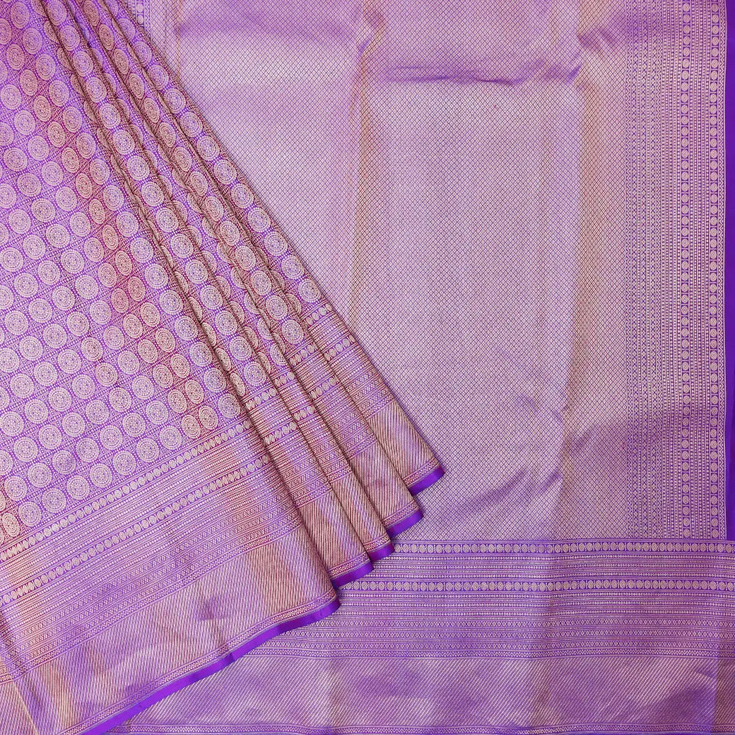 Violet with Traditional Circular Motifs in Gold Zari Border Wedding Silk Saree
