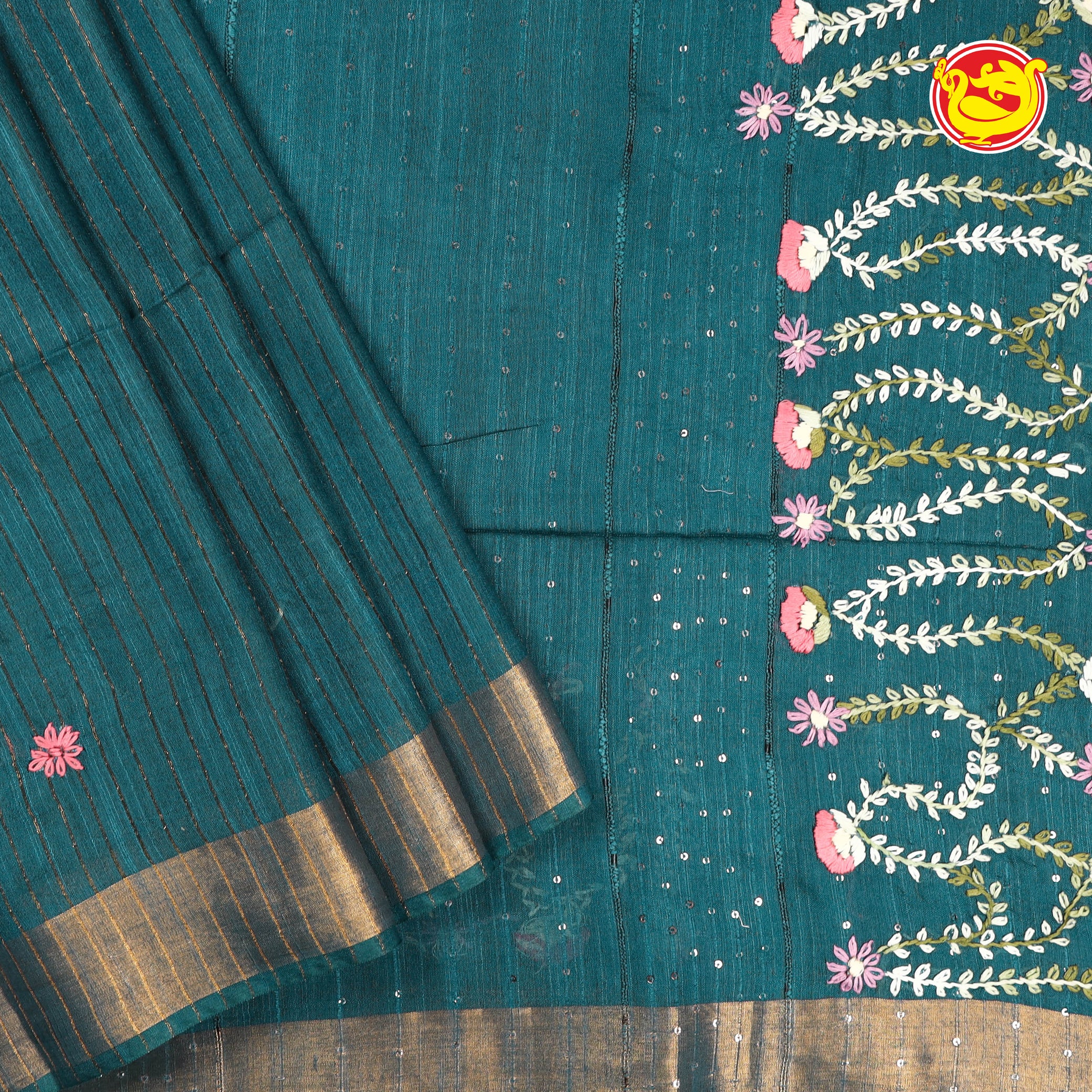 Teal blue bamboo tussar with embroidery