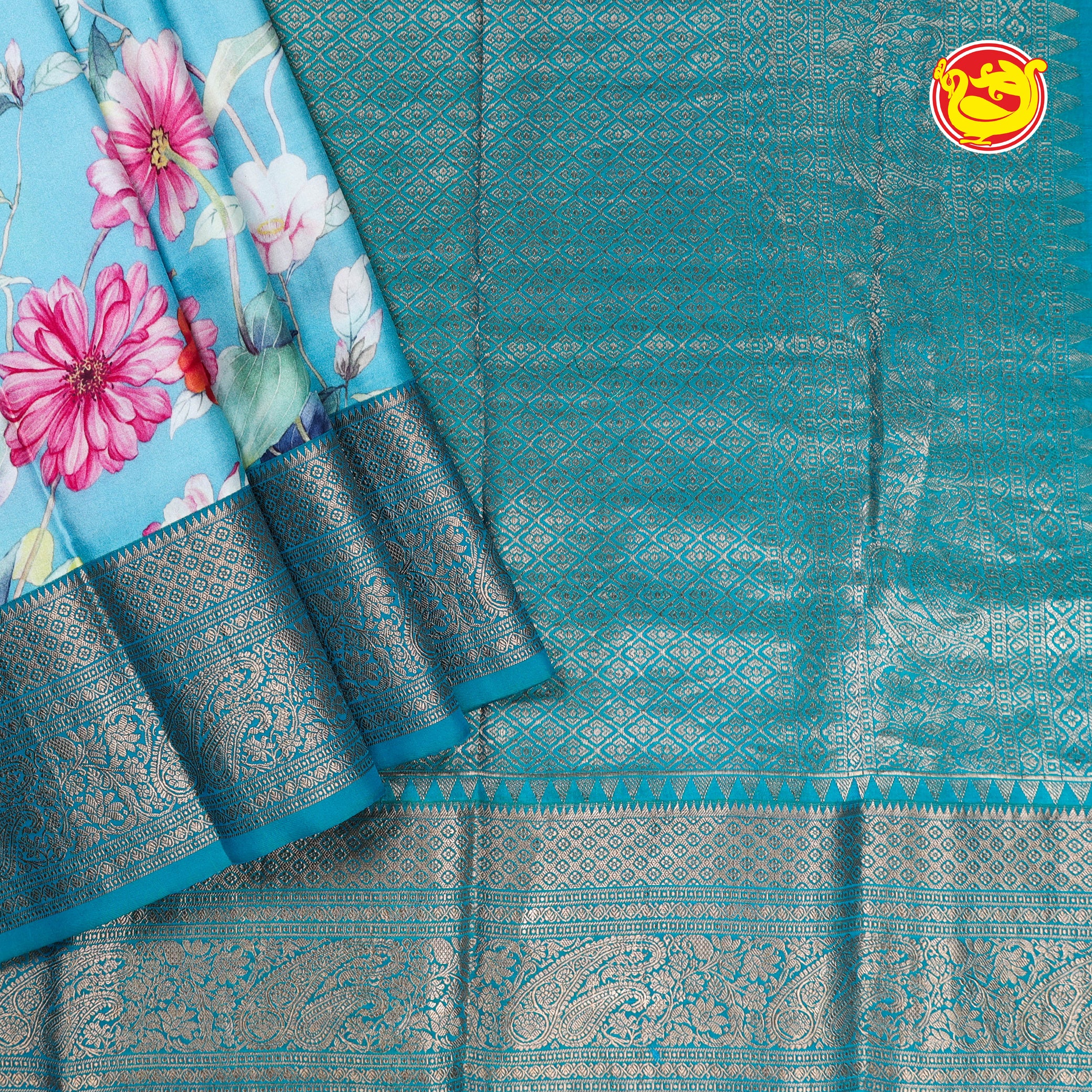 Light sky blue digital printed Kanjeevaram silk saree