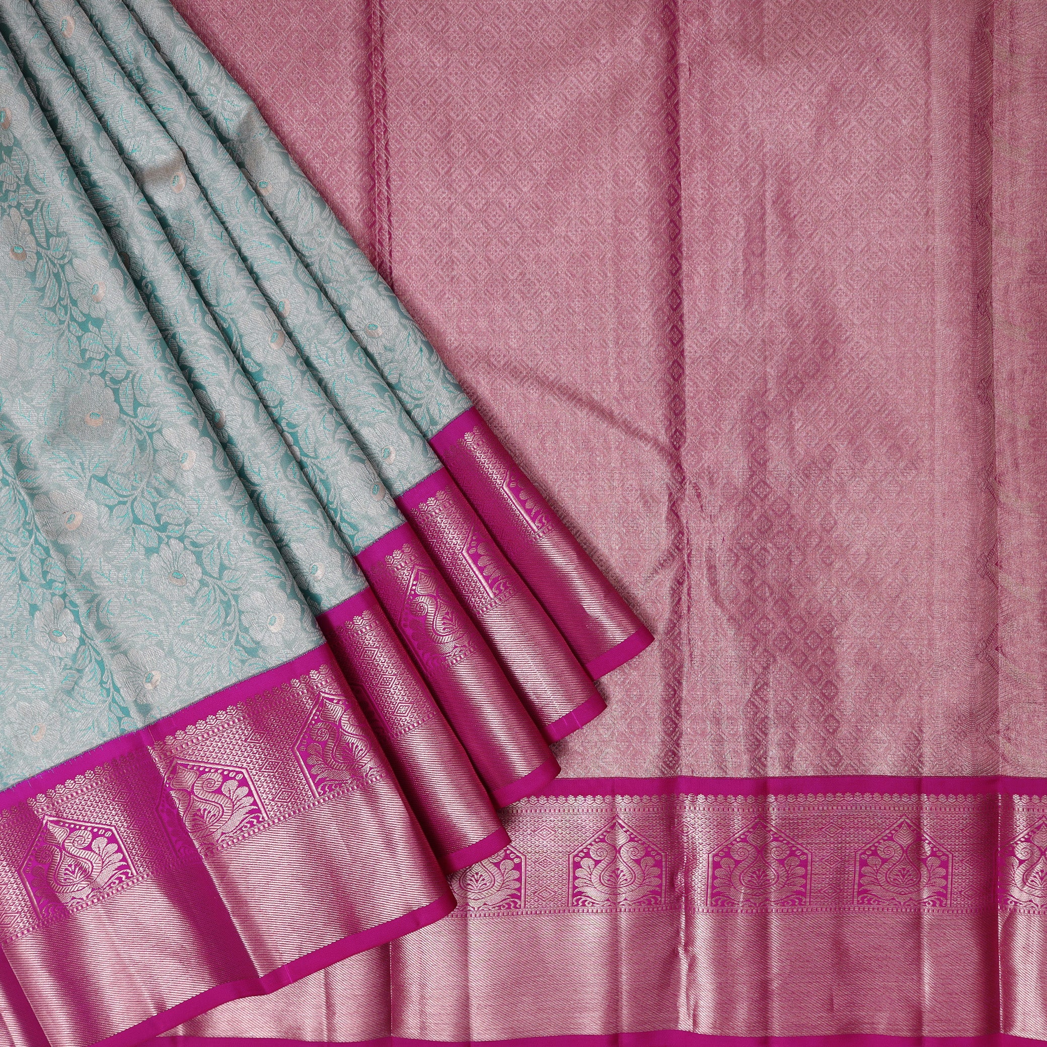 Sea-Green With Pink  Golden Zari Border Wedding Silk Saree