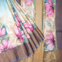 Pure Tussar Silk Saree Multi Colour and Dark Grey With Floral Design and Painted Prints and Zari Woven Border