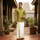 Olive Green With White Dhoti Readymade Shirt And Matching Border Dhoti Set for Men