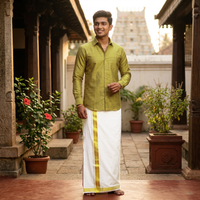 Olive Green With White Dhoti Readymade Shirt And Matching Border Dhoti Set for Men