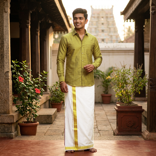 Olive Green With White Dhoti Readymade Shirt And Matching Border Dhoti Set for Men