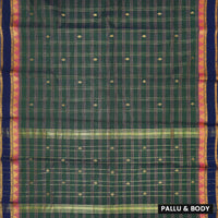Green With Navy Bloue Small Checked Pattern Pure Cotton Saree without Blous