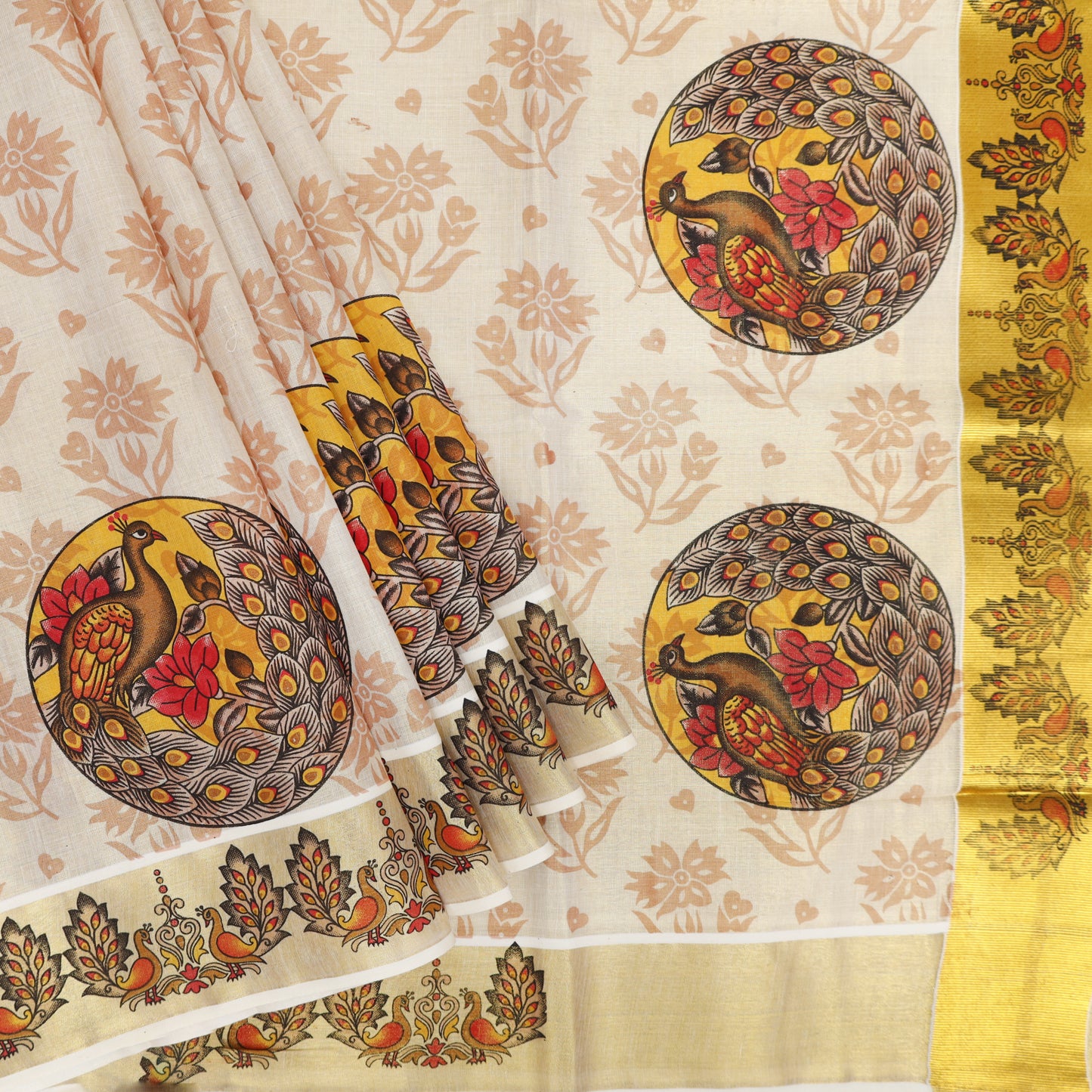 Off White With Floral Large Multi Colored Cir Cular Peacock Mural Prints traditional kerala onam saree