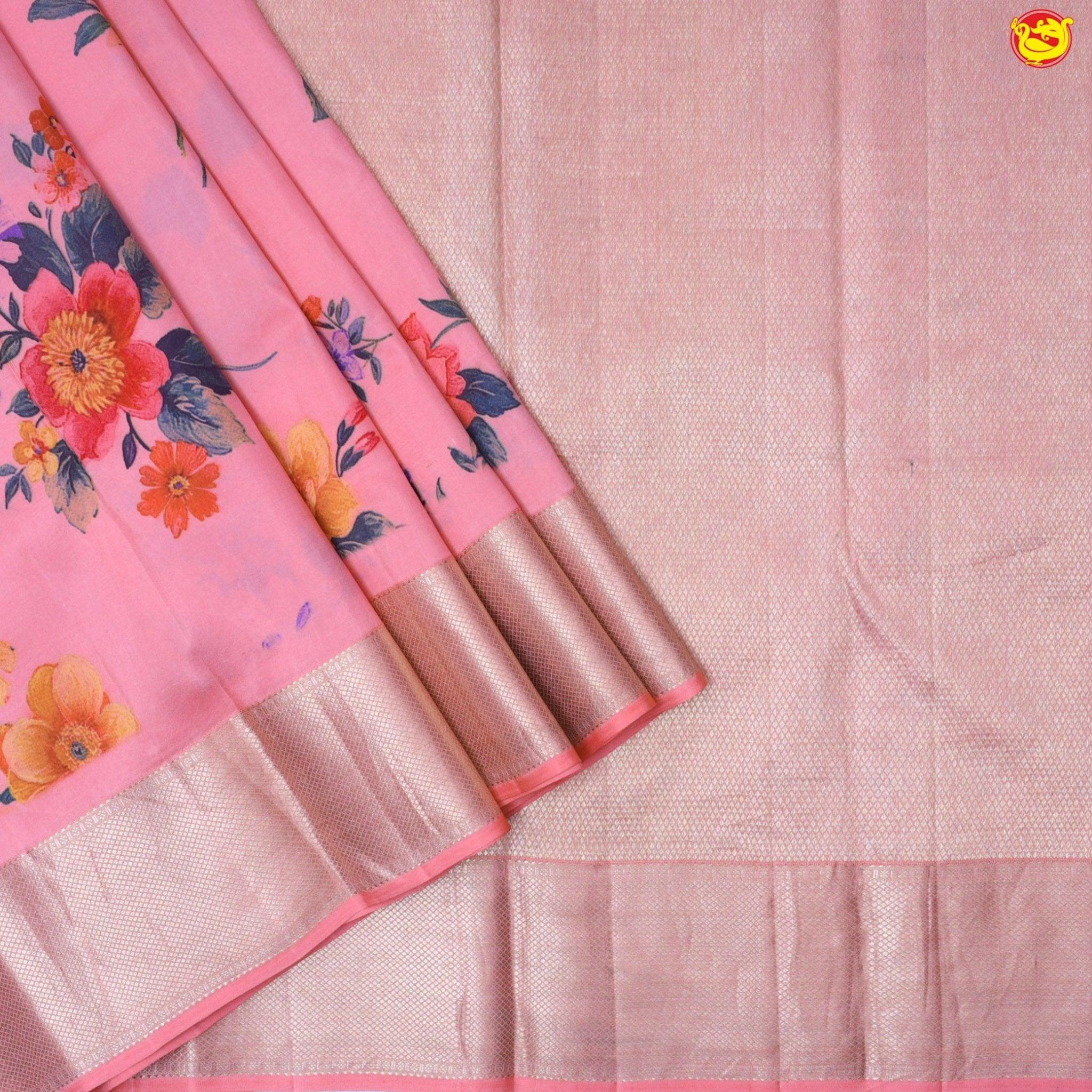 Peach Digital Floral Design Pure Kanjivaram Subhalaya Soft Silk Saree