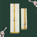 Art Silk  – Men’s Shirt & Dhoti Set  Off -White Colour With Gold  Zari Border