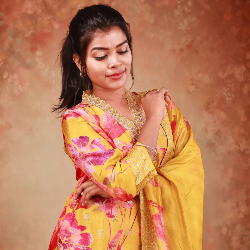 Mustard Yellow With Pink Floral Design Ladies Branded   Straight Cut Churidar
