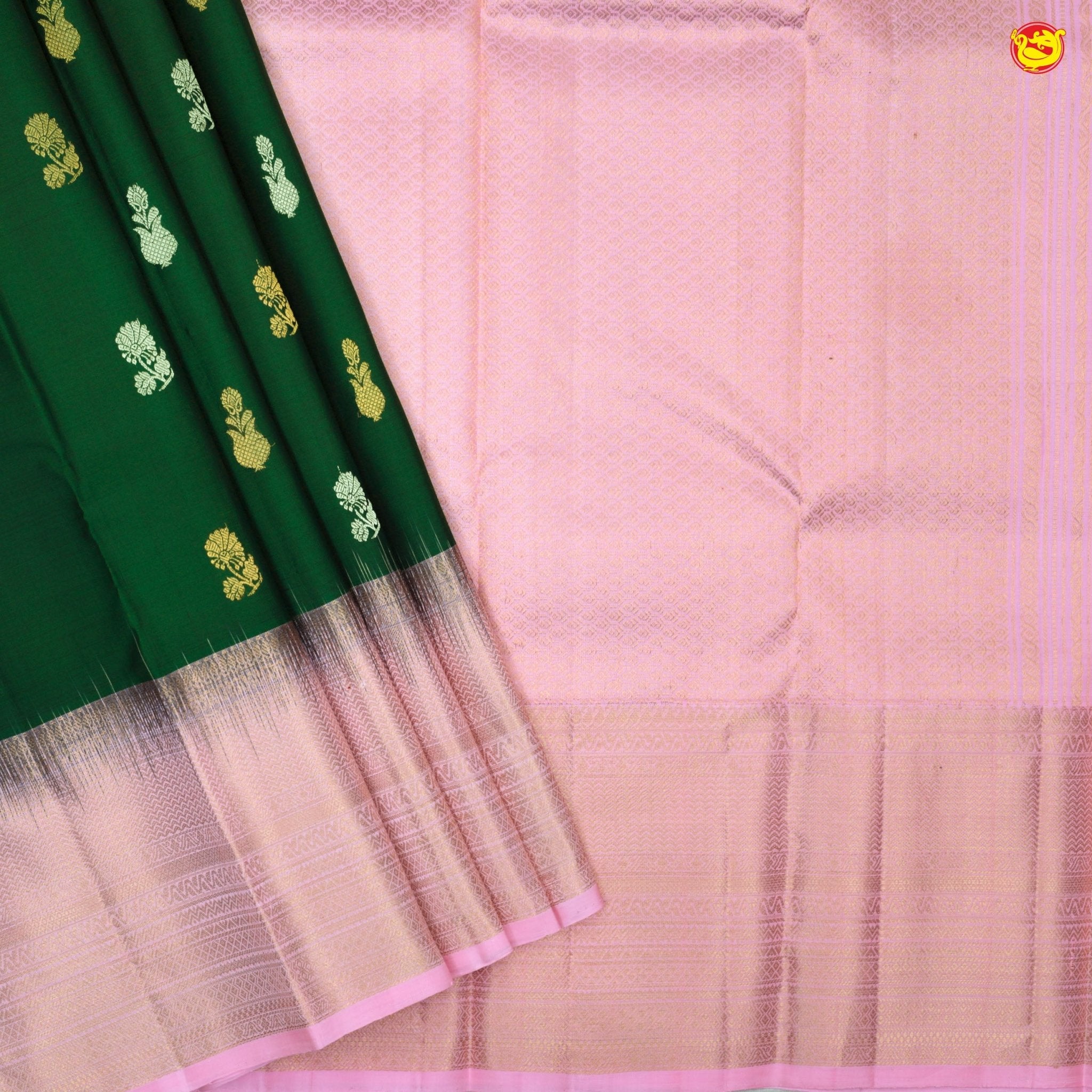 Dark Green With Pastel Pink Gold And Silver Floral Buttas Motifs and Stripes Border Gold Zari Yuvana Pure Soft Silk Saree - Thenianantham