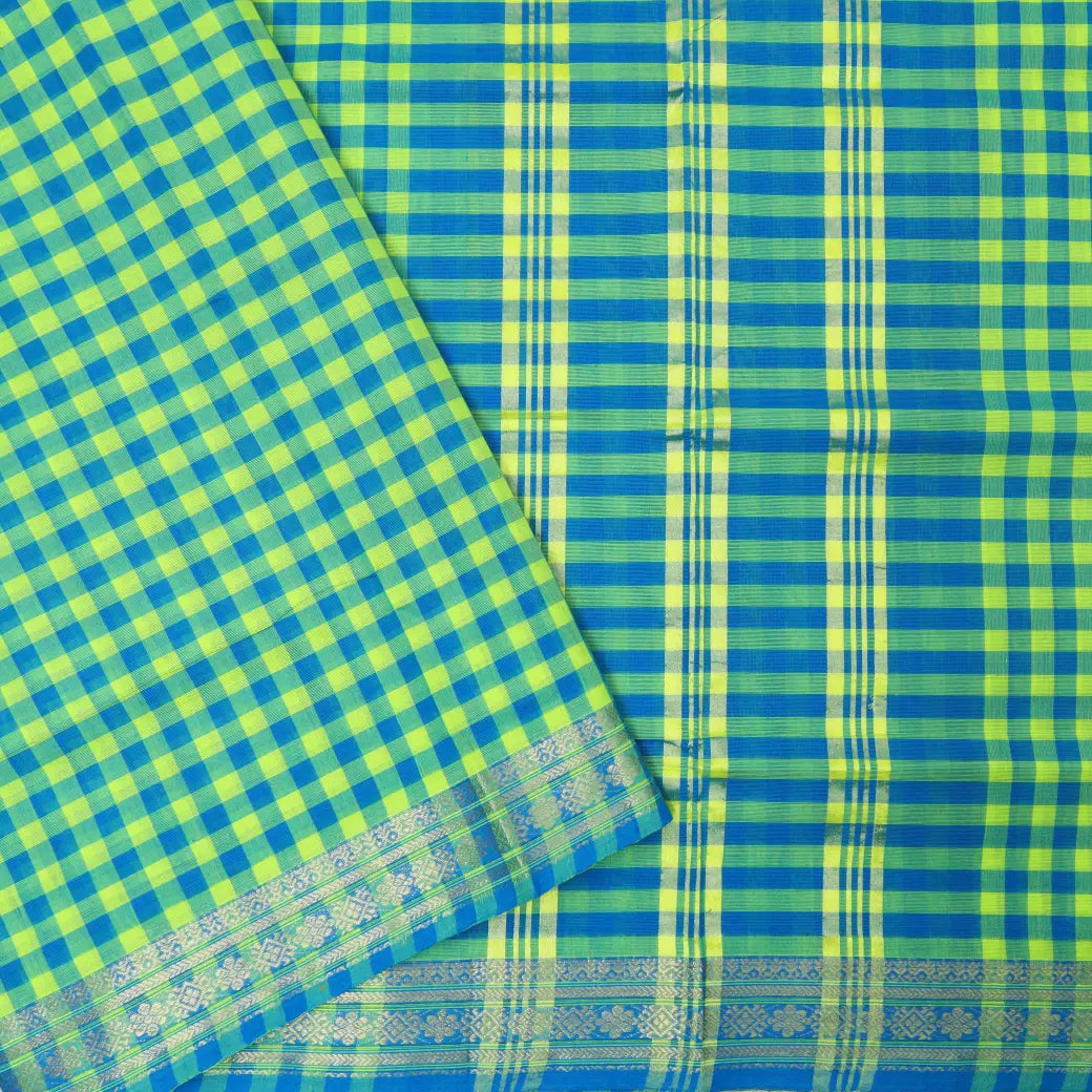 Apple Green with Blue Gingham Check Pure Chettinad Cotton Saree without Blouse  &nbsp;