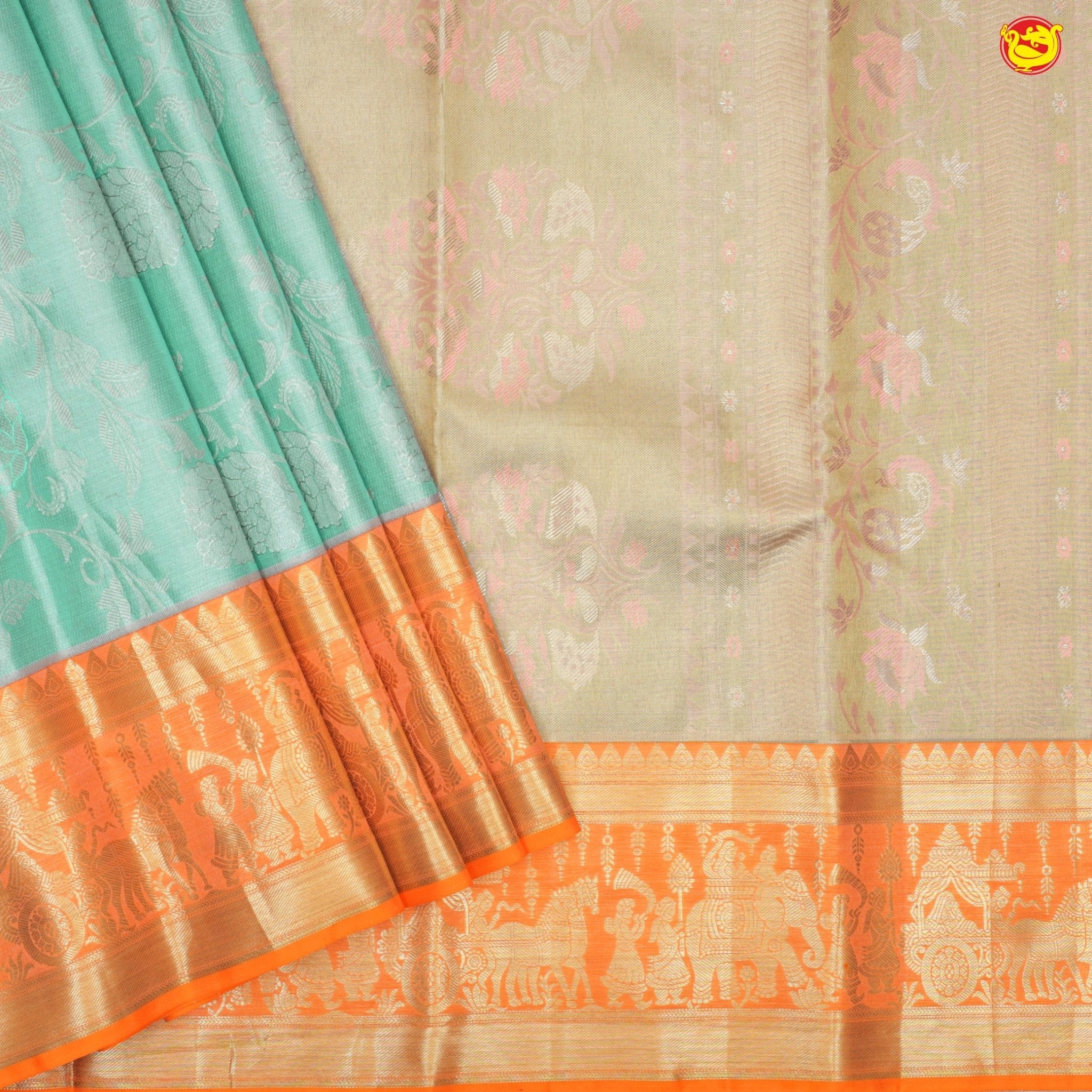 Sea green with orange pure Kanchipuram silk saree