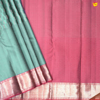 Teal Blue and Dark Peach With brocade weaves Gold and Sliver Zari Border Pure Kanjivaram Wedding Silk Saree - Thenianantham