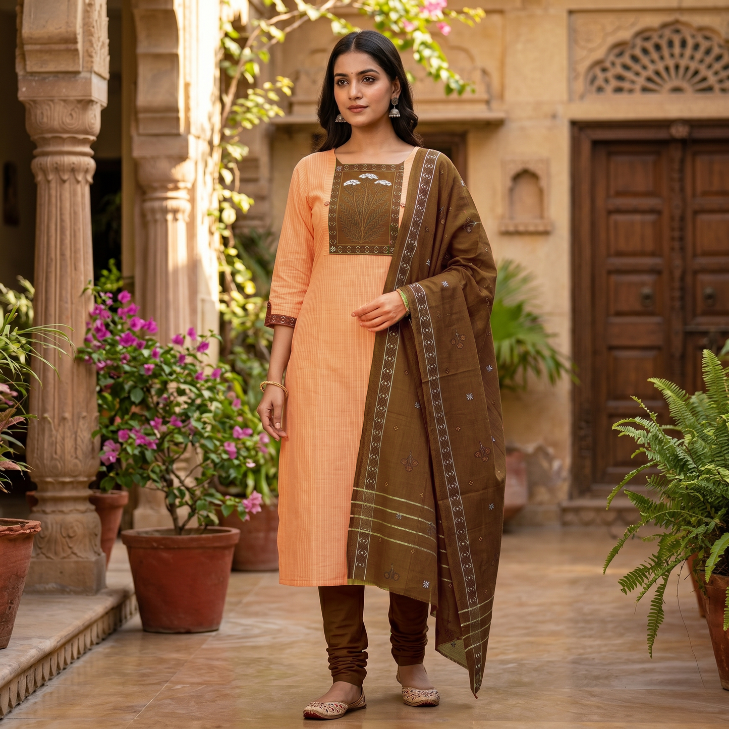 Light Orange With Brown Cotton Ladies Chudithar Material