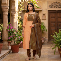 Light Orange With Brown Cotton Ladies Chudithar Material