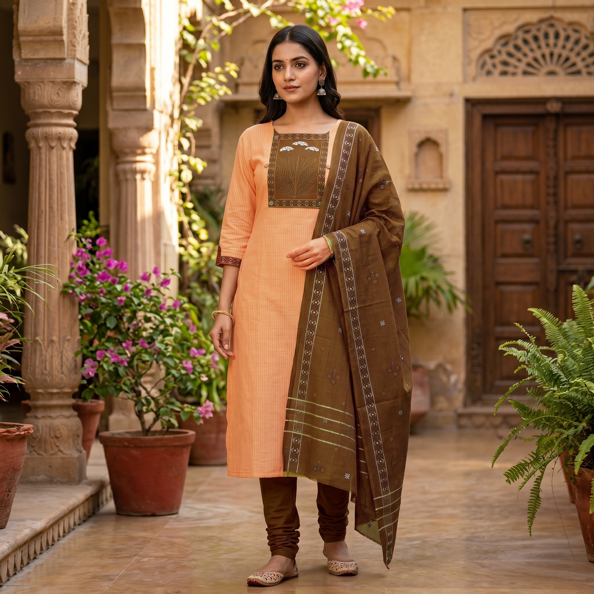 Light Orange With Brown Cotton Ladies Chudithar Material