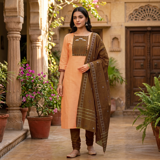 Light Orange With Brown Cotton Ladies Chudithar Material