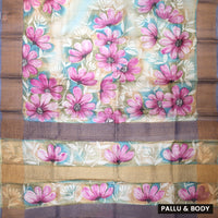 Pure Tussar Silk Saree Multi Colour and Dark Grey With Floral Design and Painted Prints and Zari Woven Border