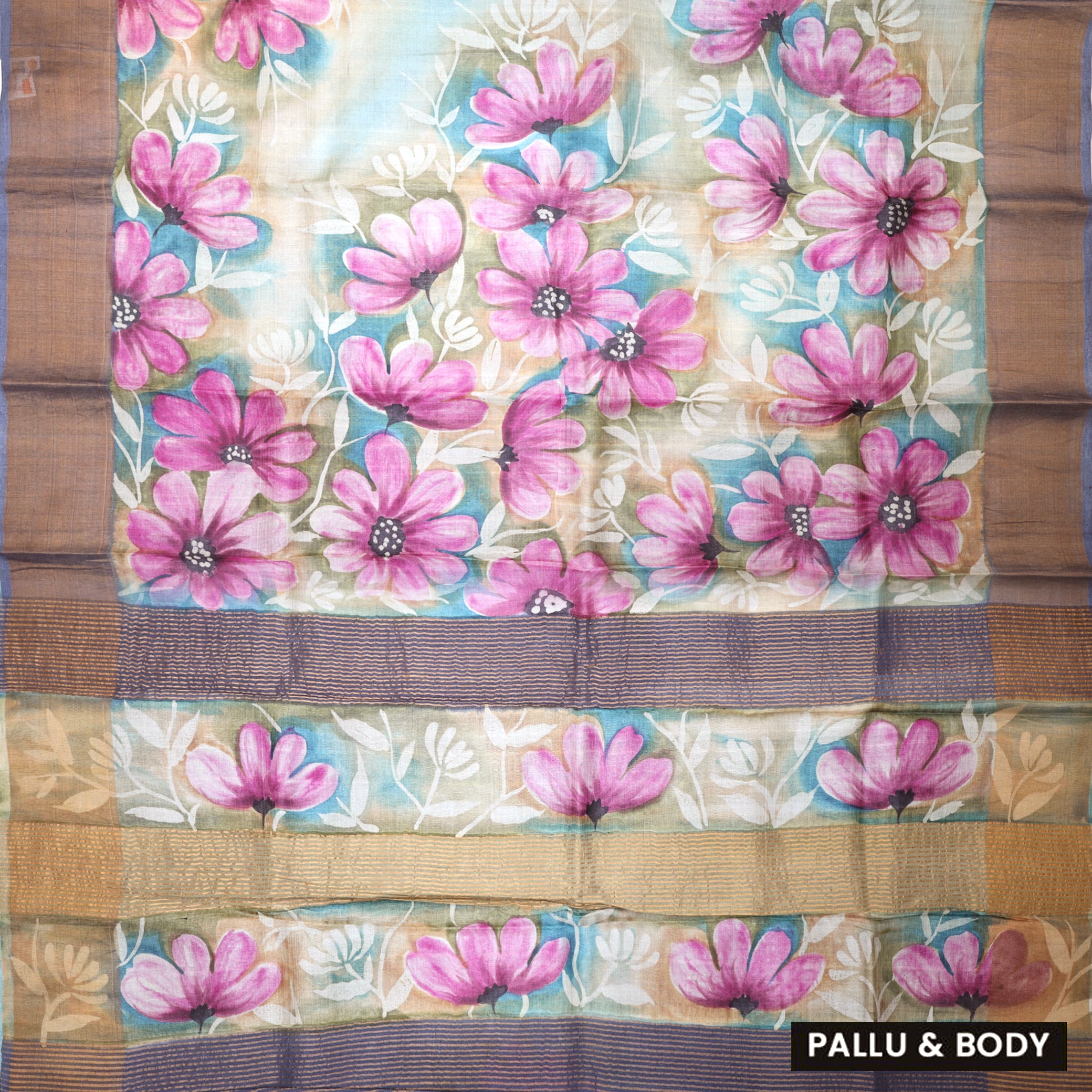 Pure Tussar Silk Saree Multi Colour and Dark Grey With Floral Design and Painted Prints and Zari Woven Border