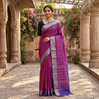 Magenta With Royal Blue Contrast Border Pure Cotton Saree