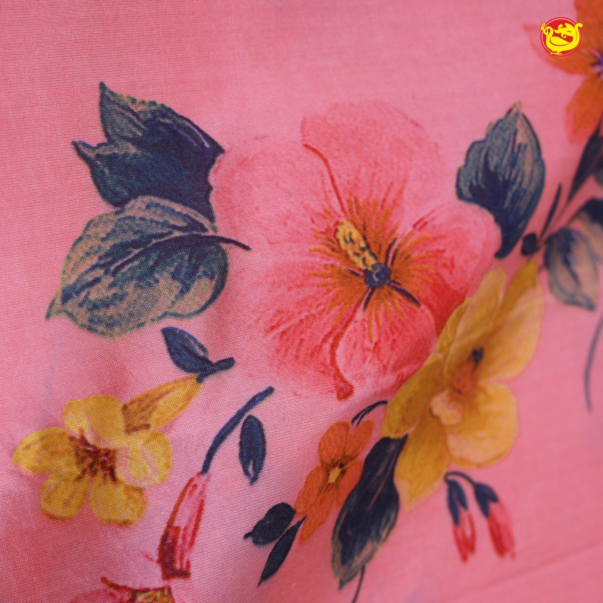 Peach Digital Floral Design Pure Kanjivaram Subhalaya Soft Silk Saree - Thenianantham