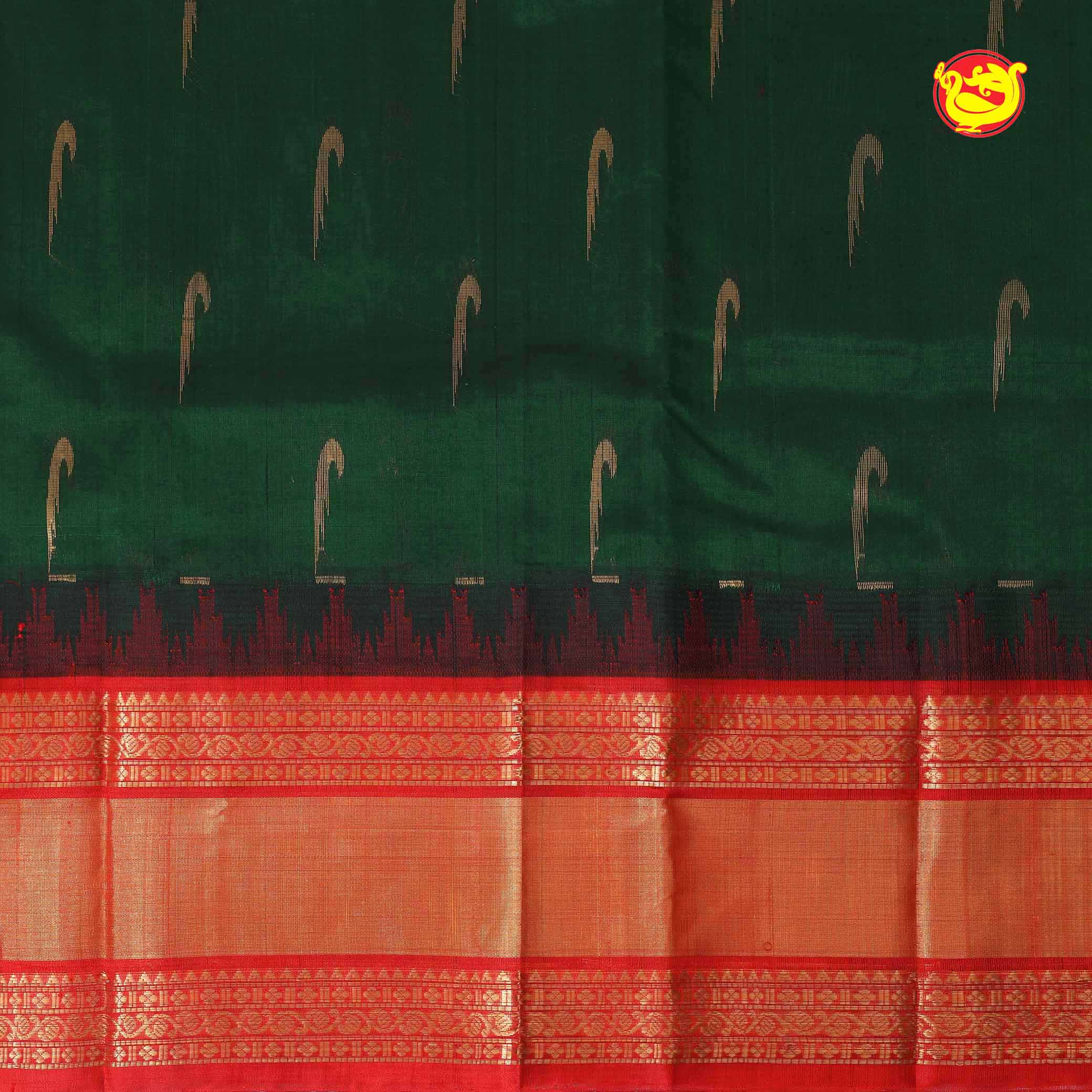 Bottle Green With Red Gold Zari Floral Buttas Pure Silk Cotton Saree - Thenianantham