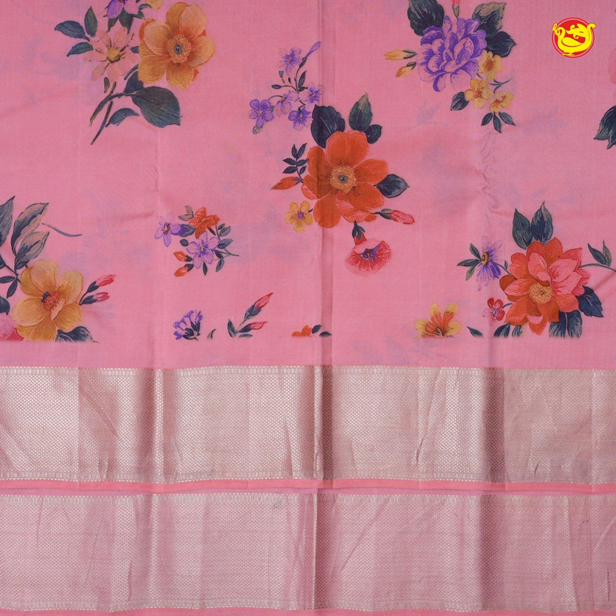 Peach Digital Floral Design Pure Kanjivaram Subhalaya Soft Silk Saree - Thenianantham