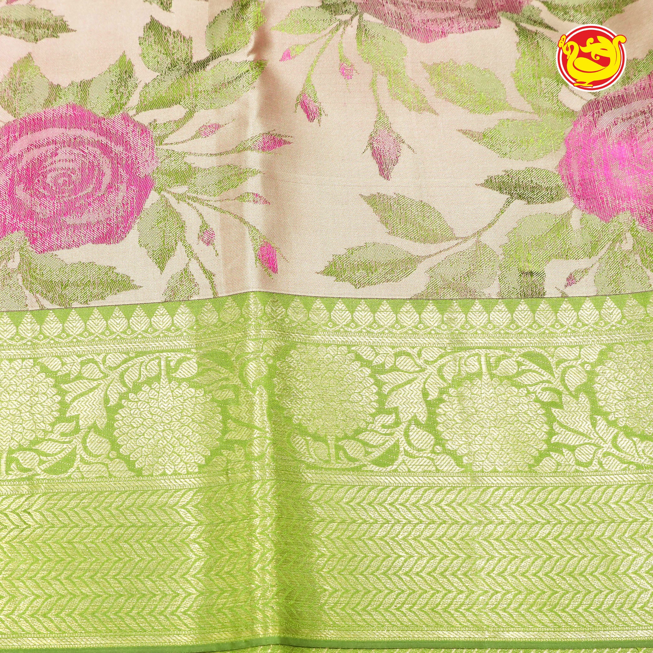 Light rose with green pure silk saree with woven floral designs