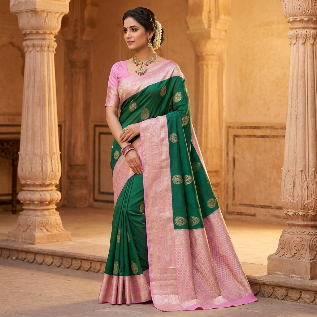 Bottle Green with Pink Soft Silk Saree