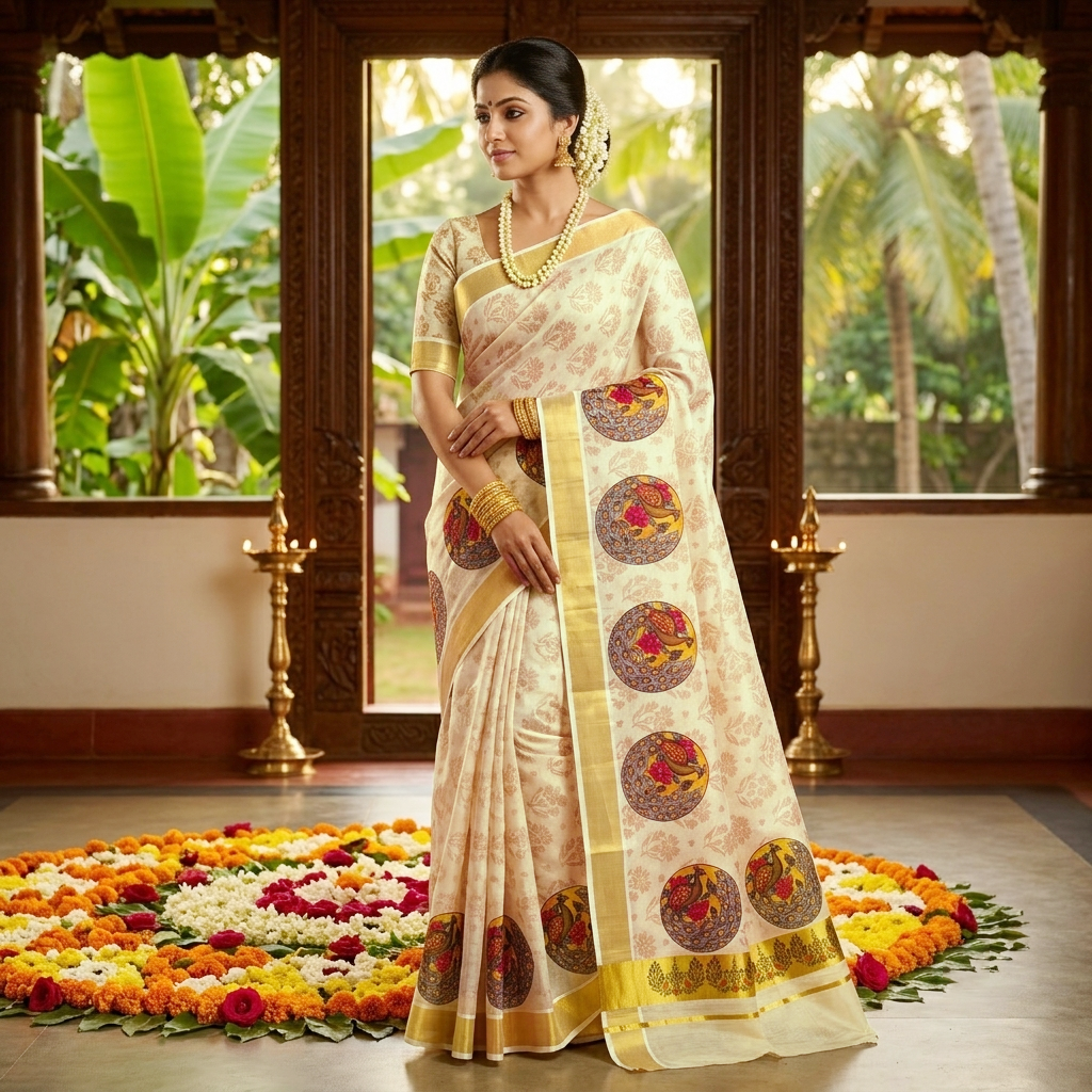 Off White With Floral Large Multi Colored Cir Cular Peacock Mural Prints traditional kerala onam saree