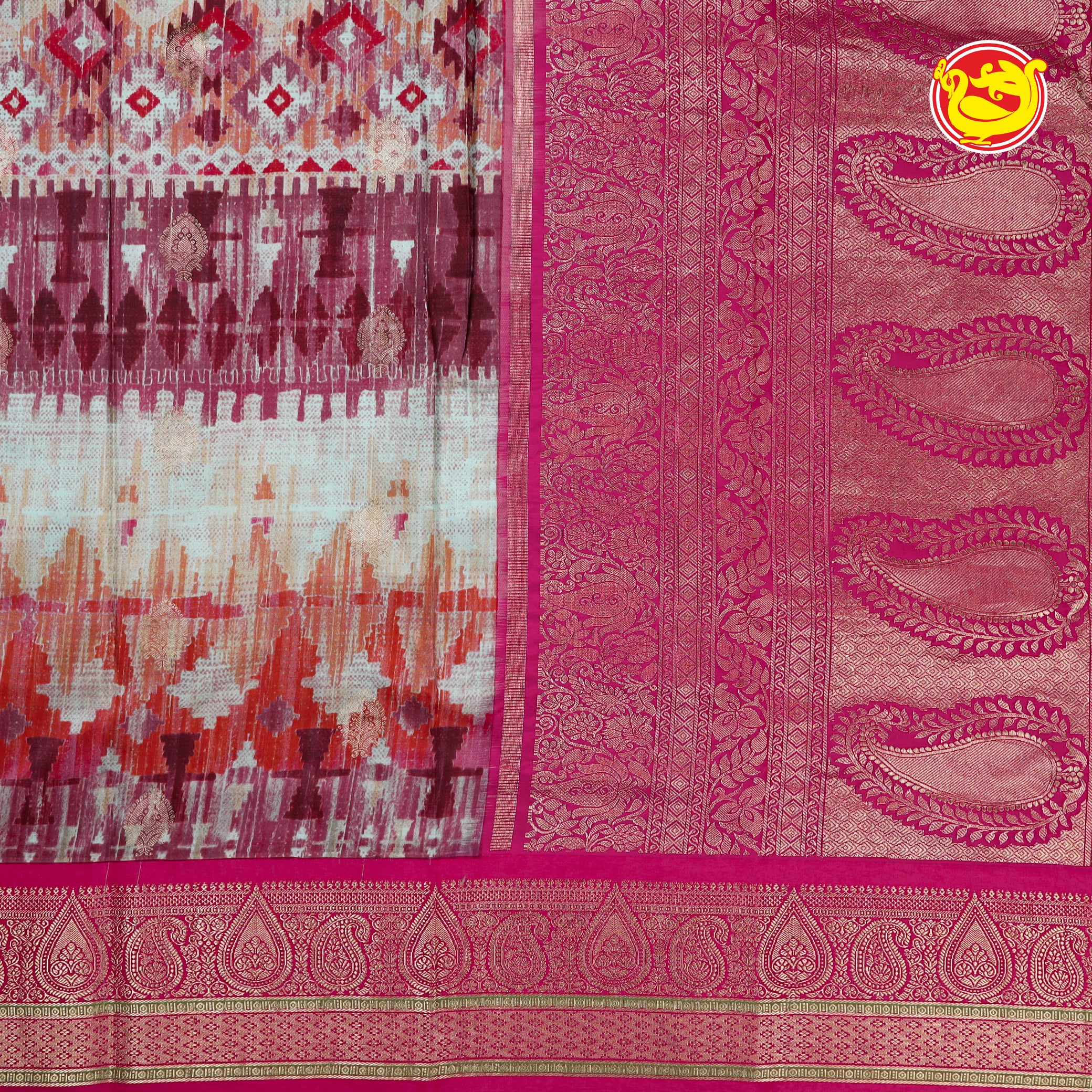 Pink pure Kanchipuram silk saree with digital prints