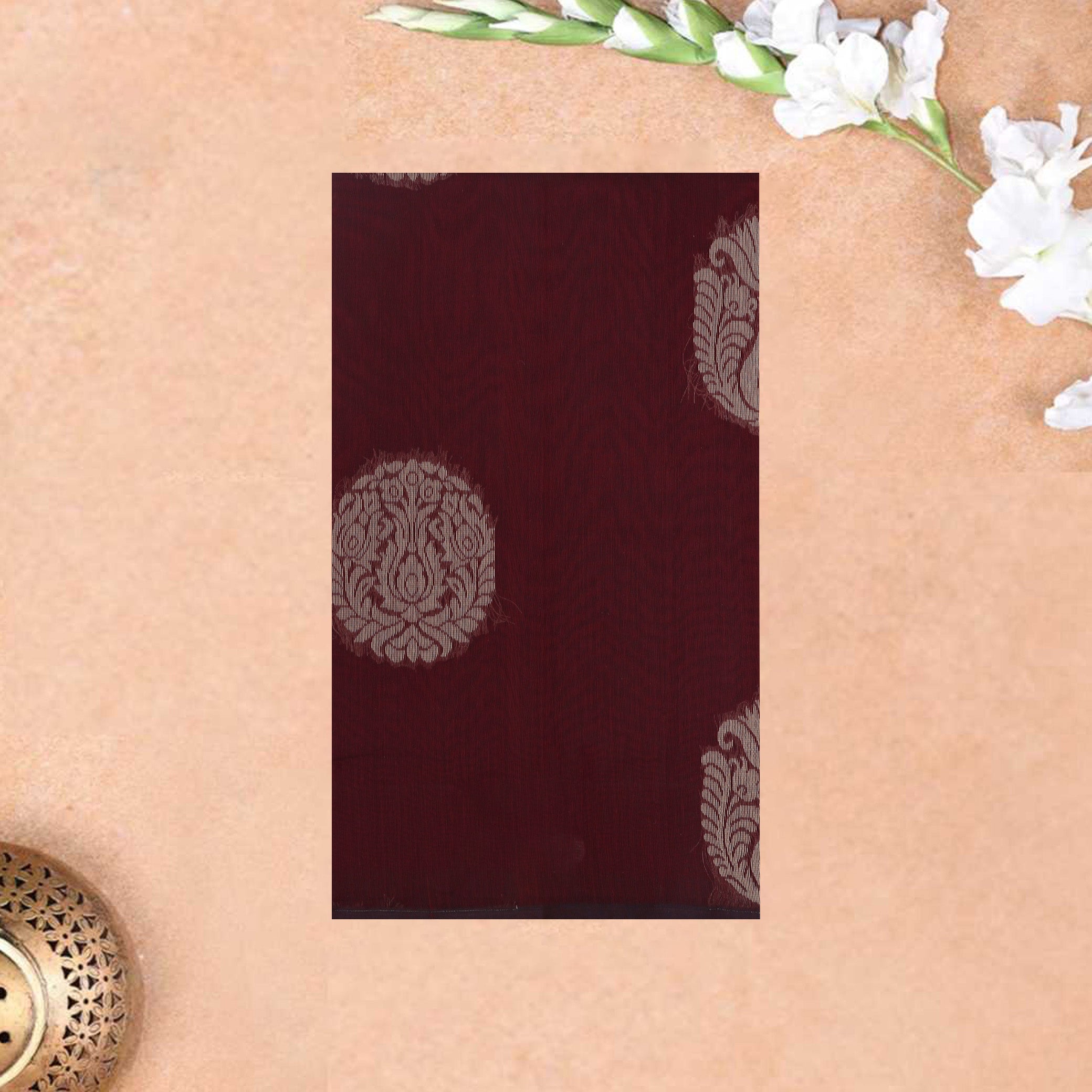 Deep Reddish-Maroon With Sandal Zari  Silk Cotton Saree