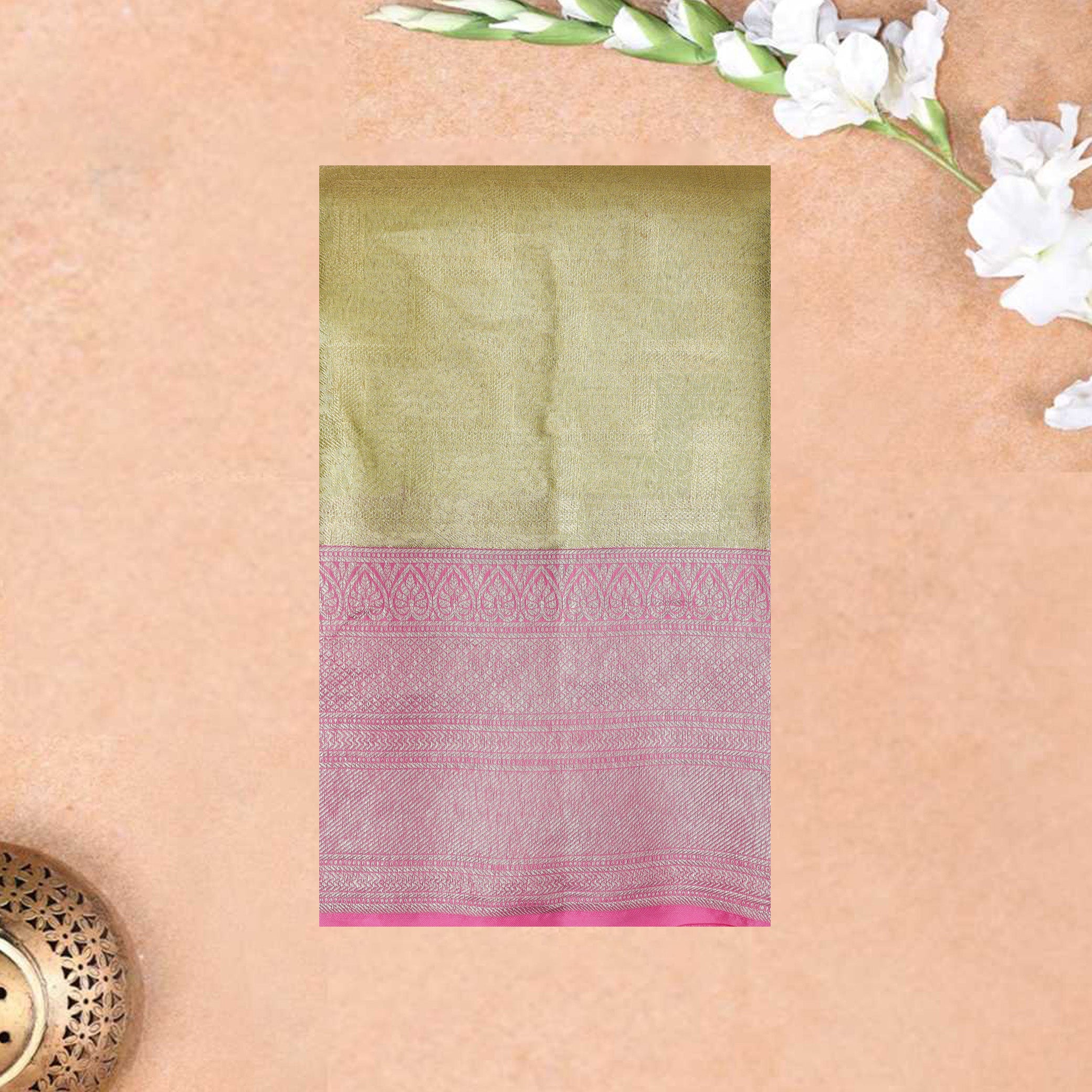 Gold Yellow With Pink  Golden Zari Border Wedding Silk Saree