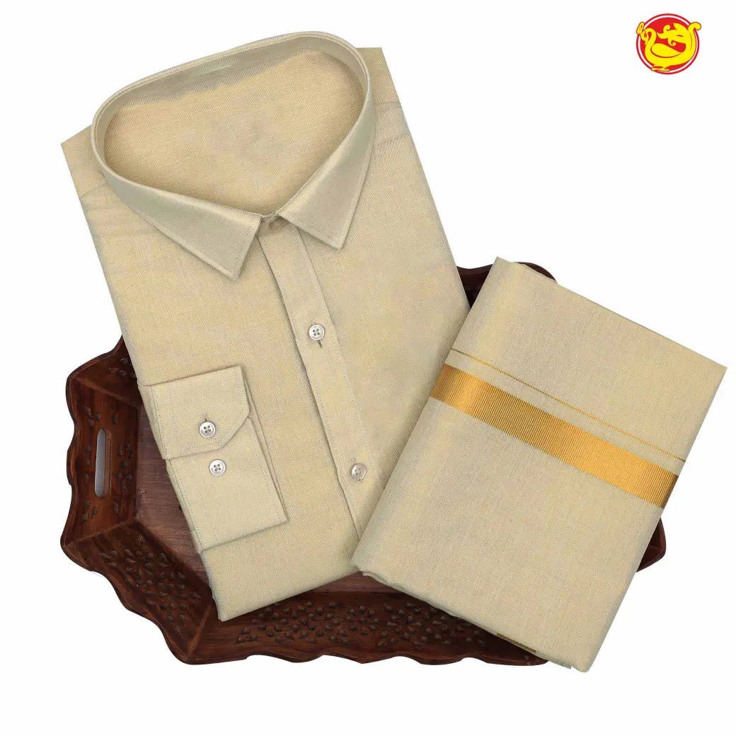 Gold art silk tissue flexi fit dhoti and shirt set