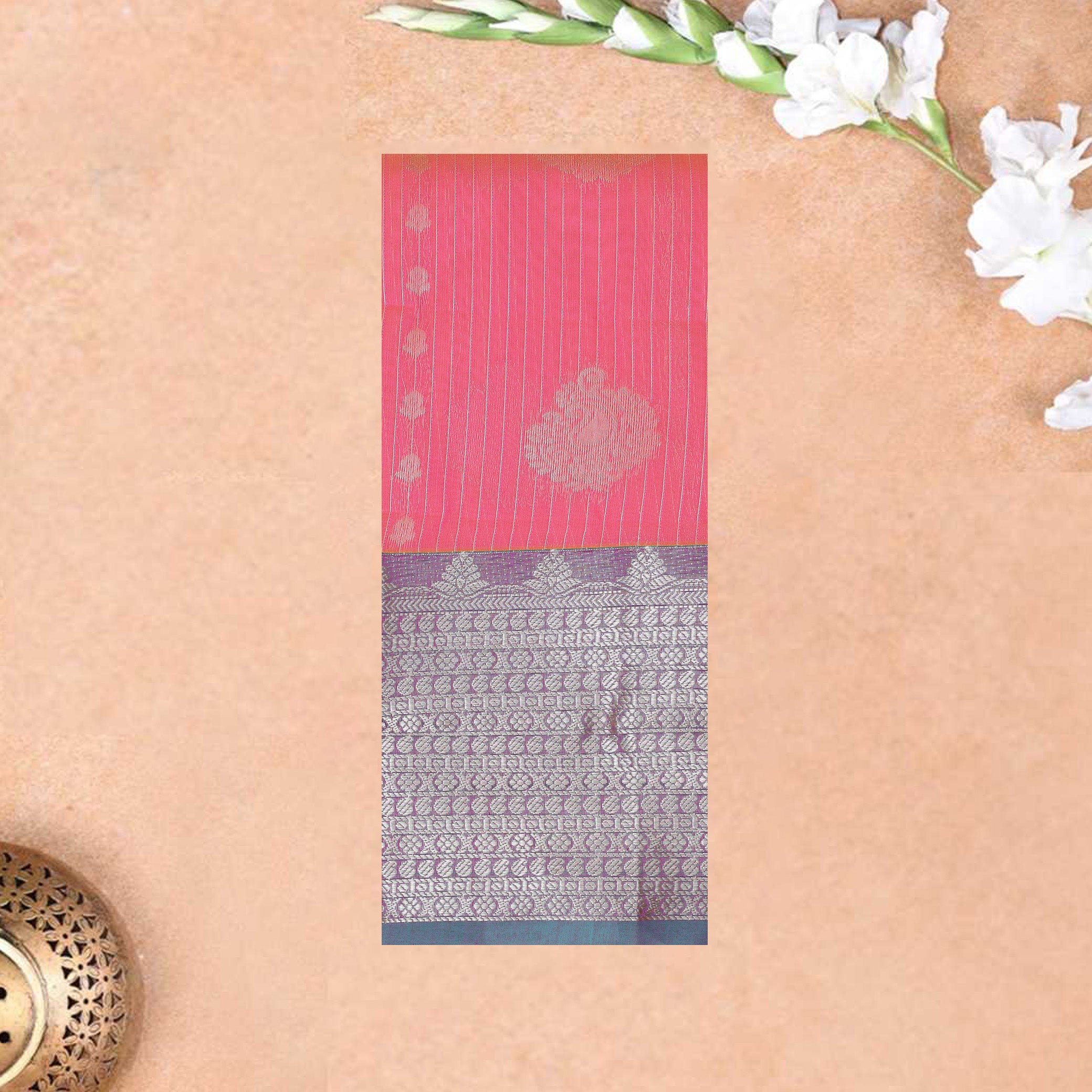 Rose Pink With Green Silk Cotton Saree