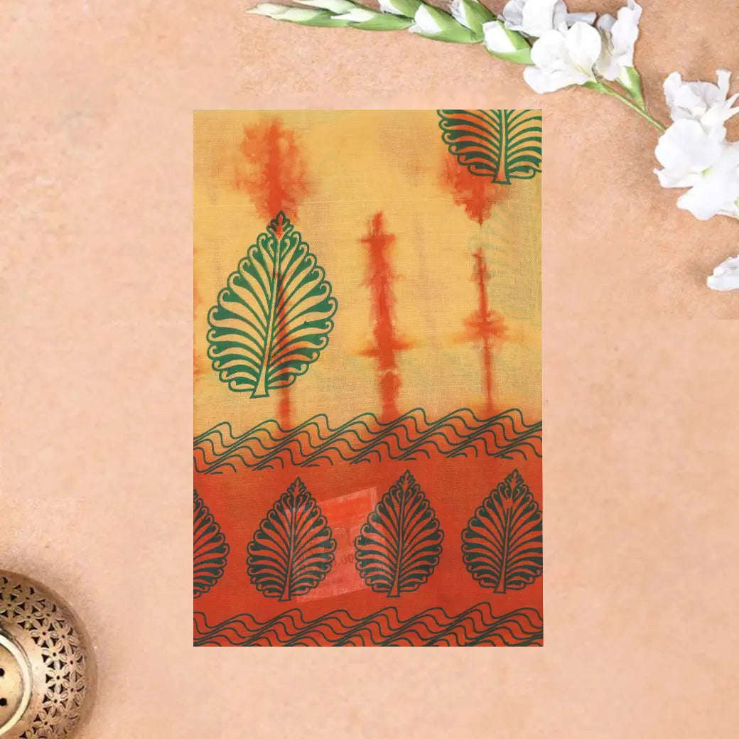 yellow-orange Sungudi Cotton Saree without Blouse