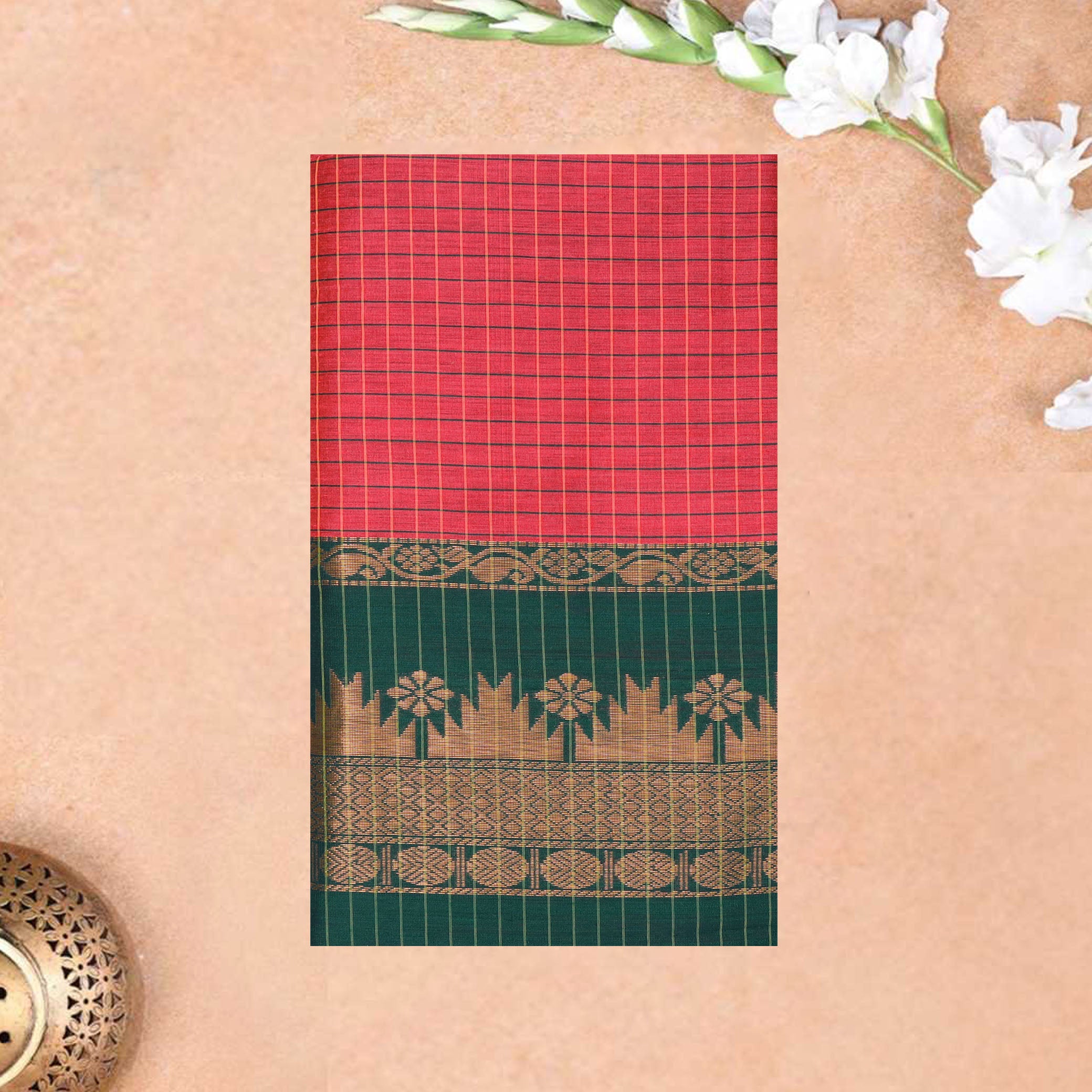 vibrant reddish-pink with Dark Green Premium Quality Kalyani Cotton Saree