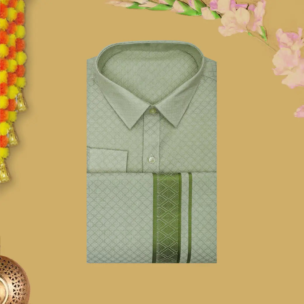 Light Green  Traditional Ethnic wear Cotton Readymade Shirt and Singel  Border Dhoti Set For Men