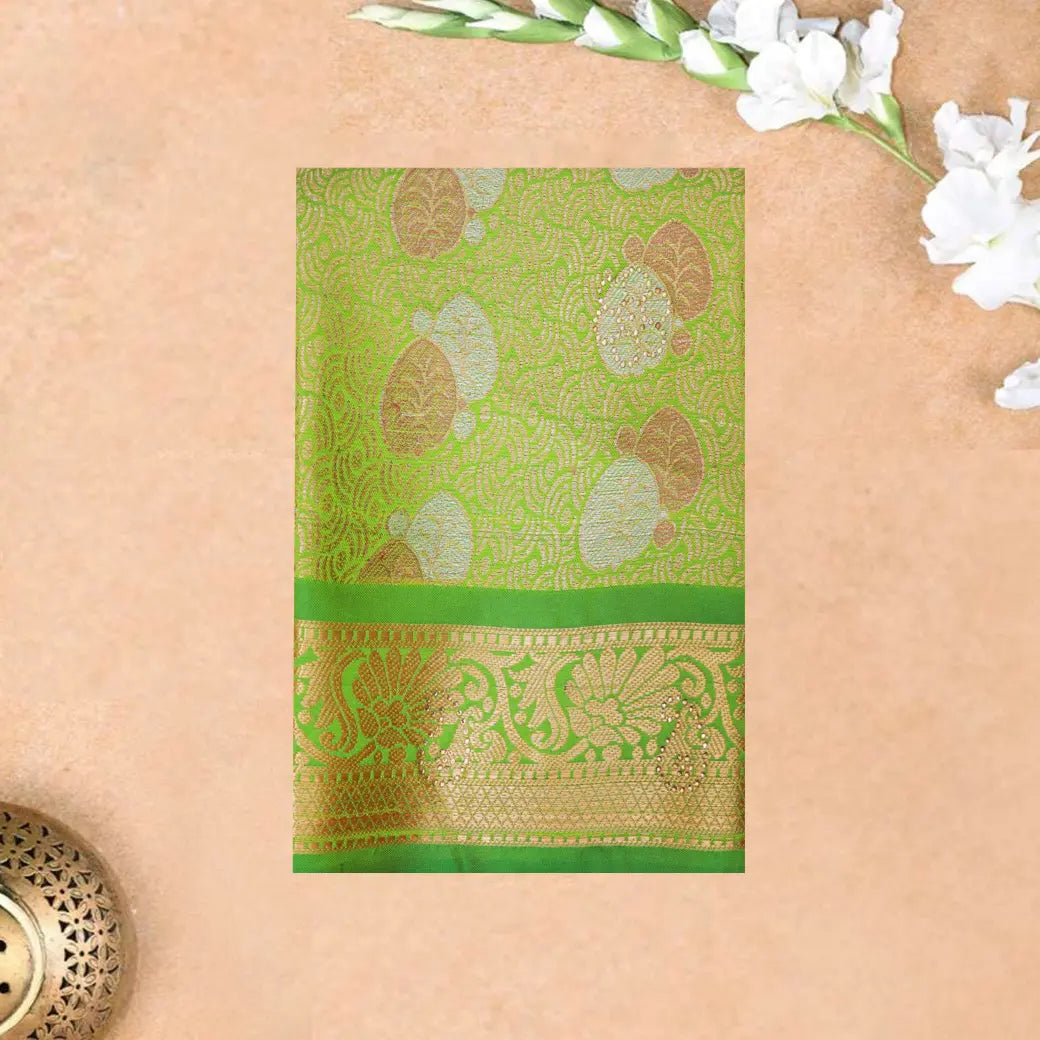 Parrot Green Colour Floral Design Traditional  Pattu Pavadai Material