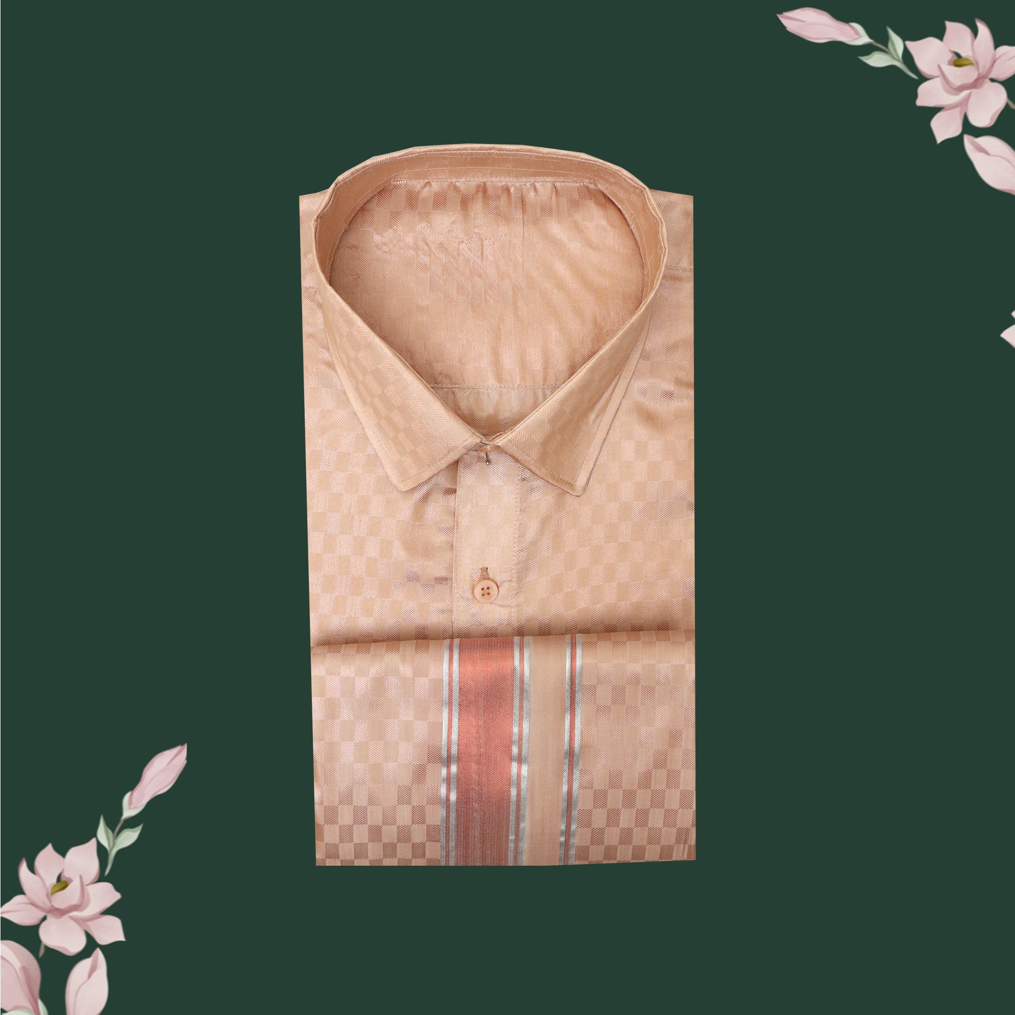 Tissue Silk  – Men’s Shirt & Dhoti Set Copper With Copper Zari Border