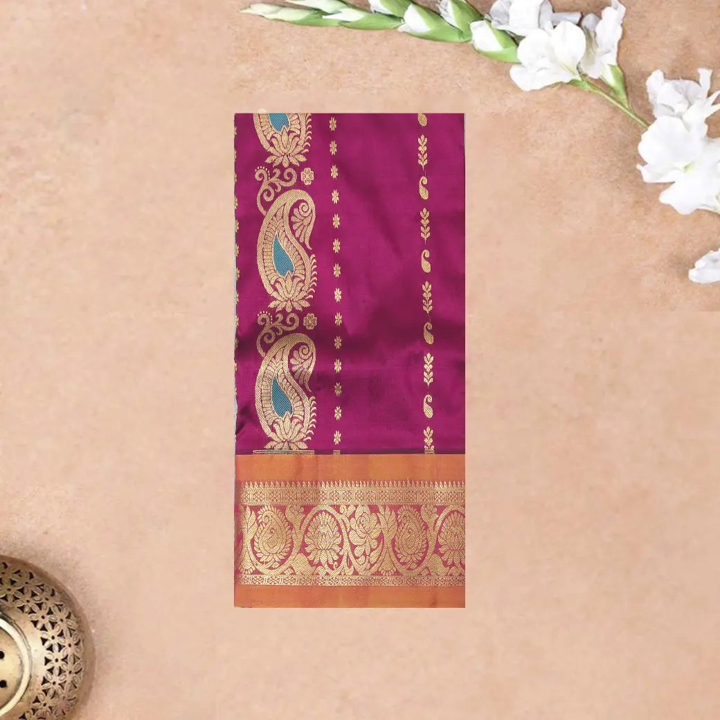 Magenta With Orange Border Floral Design Traditional  Pattu Pavadai Material
