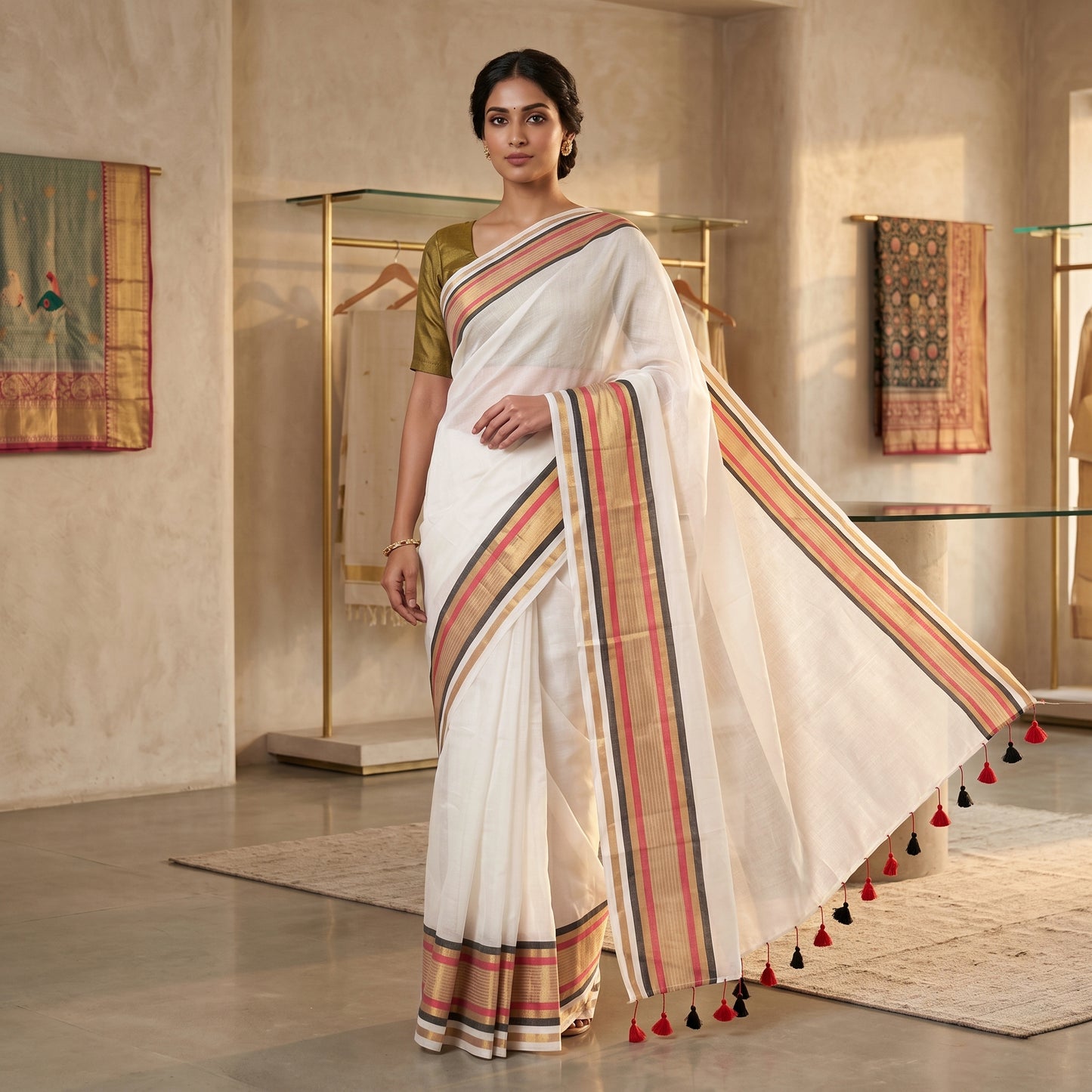 Off White With Multi Colour  Mul Mul Cotton Saree
