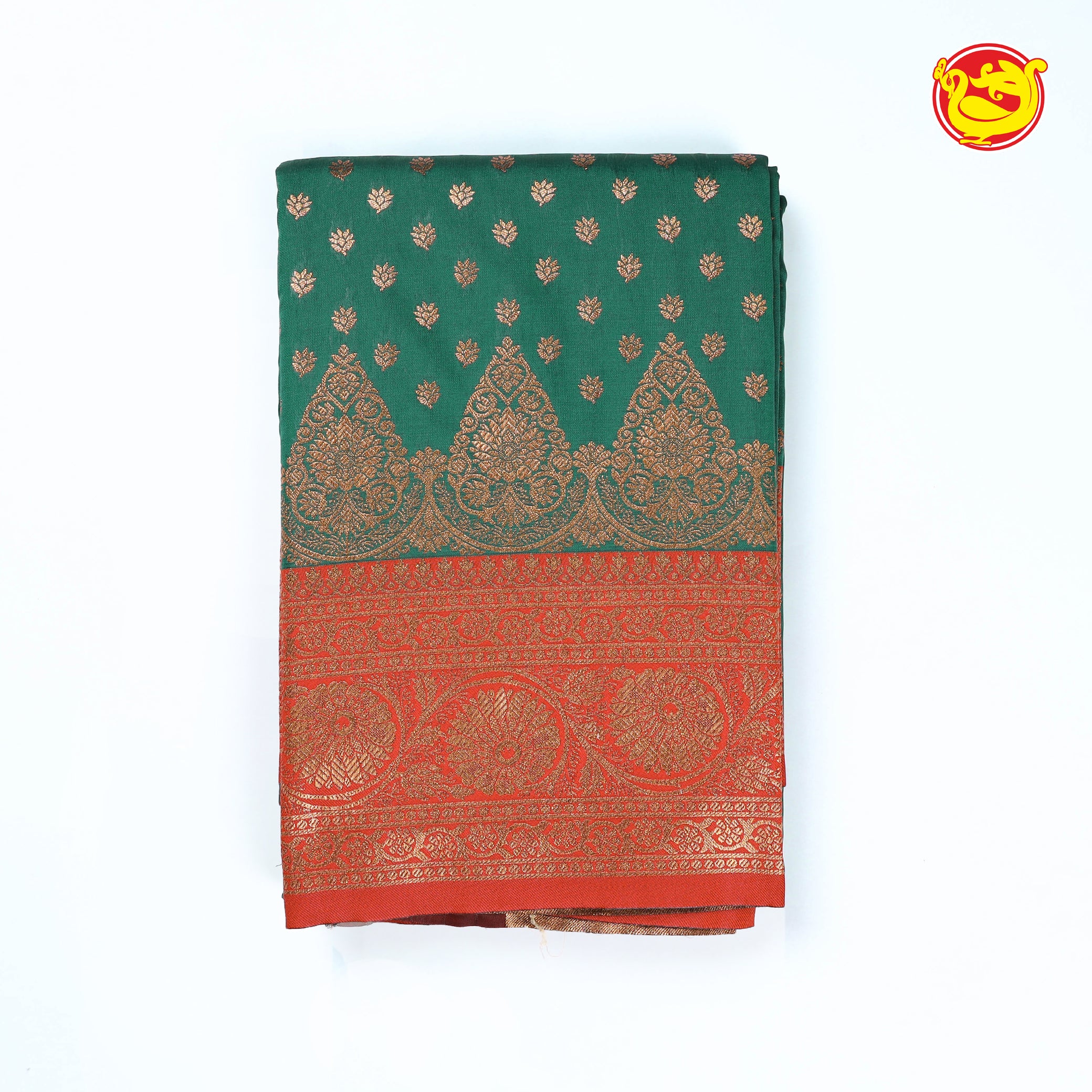 Bottle green with red art silk saree with blouse full zari weaving