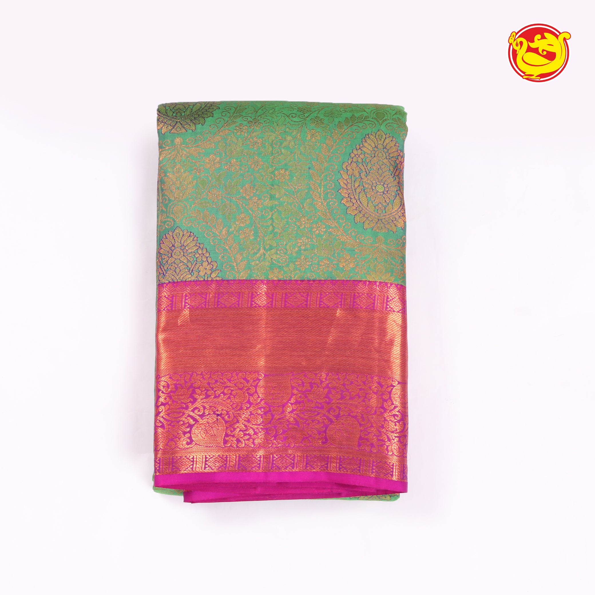 Green with pink wedding silk saree with stone work