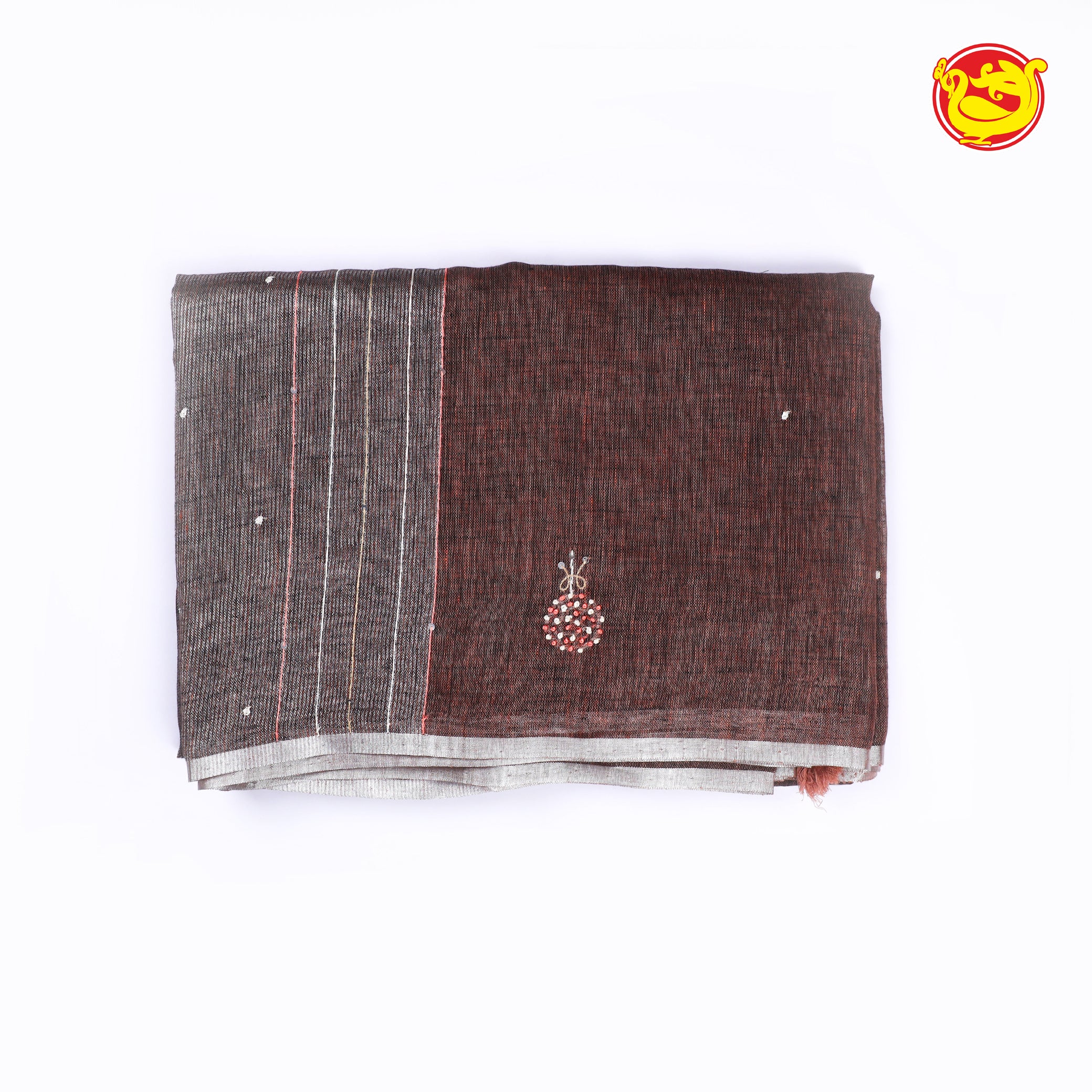 Brown colour linen cotton saree with hand embroidery