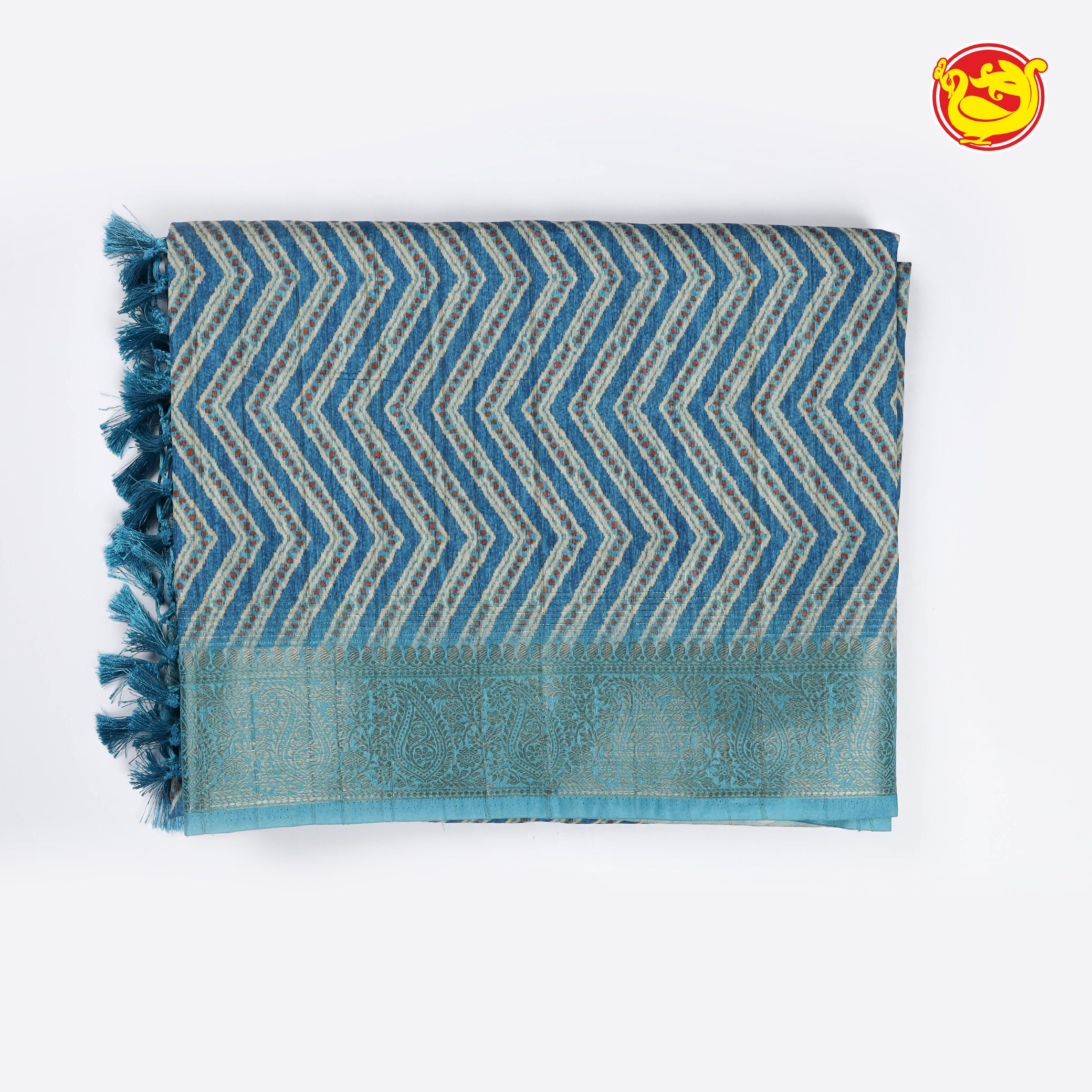 Blue colour art tussar saree with geometrical prints