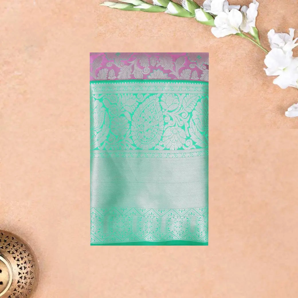 Light Pink with Mint Green Traditional Floral Pattern in Gold Zari Border Wedding Silk Saree