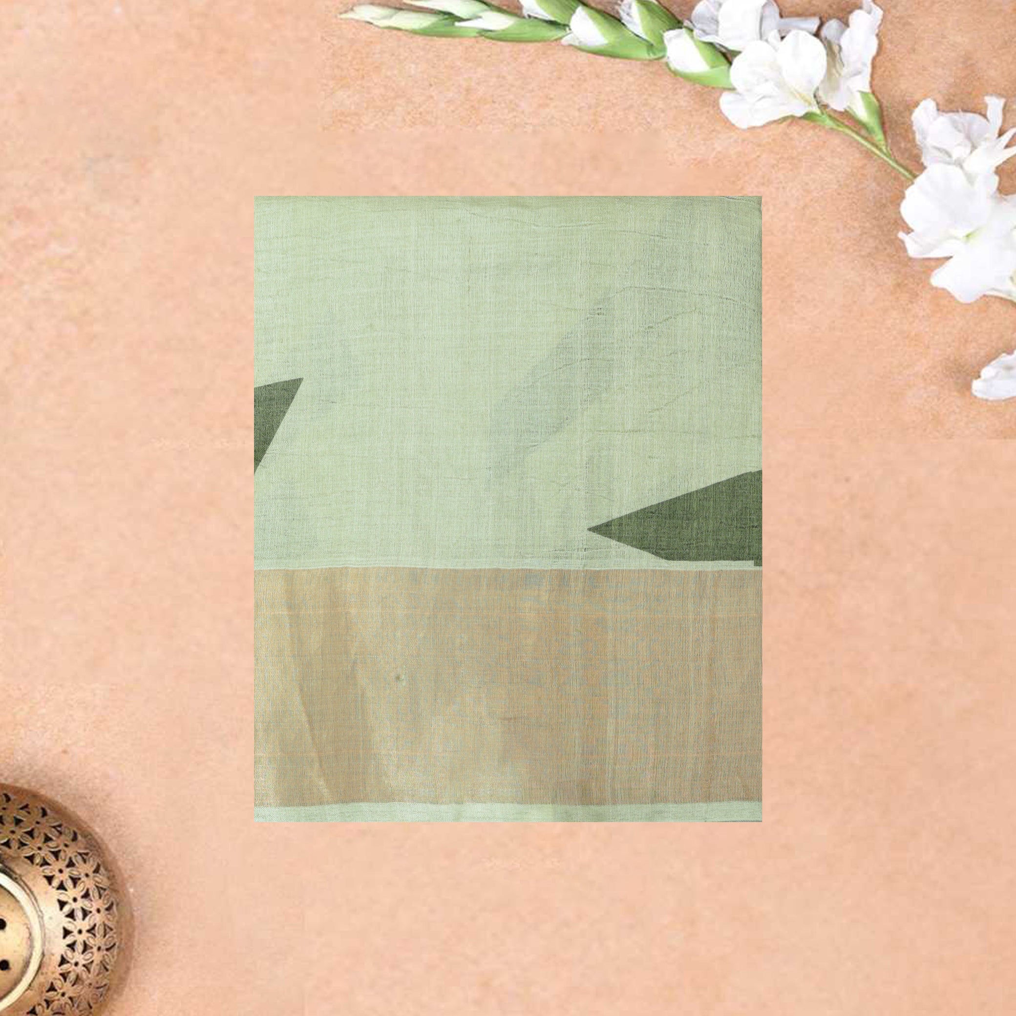 Pure Tussar Silk Saree Pale Green and  Orange Shade With Floral Design and Painted Prints and Zari Woven Border