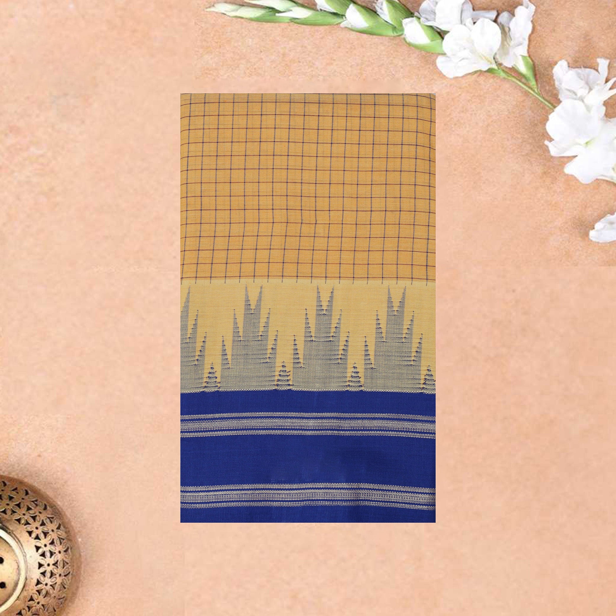 Yellow With Blue Small Checked Pattern Pure  Cotton Saree without Blous